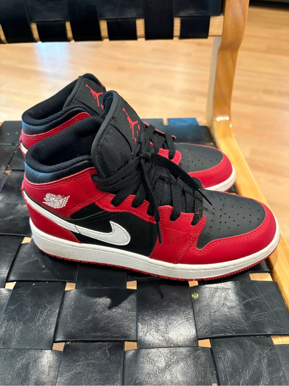 Jordan Kids Red and Black Mid-Top Sneakers with White Swoosh